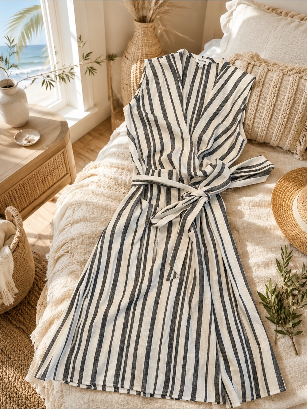 EVEREVE Linen Blend Striped Wrap Midi Dress Tie Waist Pockets Small